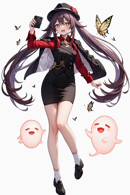 1girl, solo,
boo tao (genshin impact), ghost,  butterfly,
white background,simple background,
full body, smile,  open mouth,  butterfly, looking at viewer,
hutaooneplus, flower-shaped pupils, 
fedora, socks,  red shirt,  jacket on shoulders, shoes, pencil skirt, vest, holding phone, 
 <lora:HuTaoOnePlusV1:1>