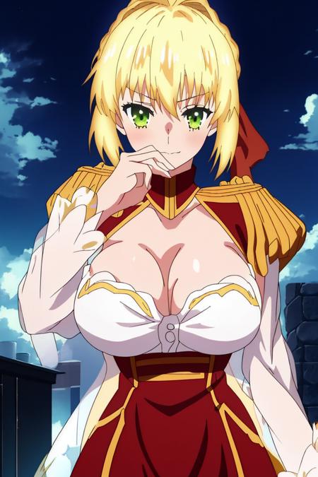 <lora:last_encore_512:1>,
masterpiece,best quality,1girl,solo,fxle_anime,nero,blonde hair,large breasts,
long dress,red dress,cleavage,white bra,long sleeves,nice hand,good hand,