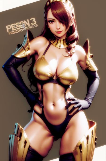 (masterpiece, best quality:1.1), mitsuru kirijou, bikini armor, gold trim, tiara, persona 3, red hair, long hair, hair over one eye, red eyes, hand on hip, thighhighs, elbow gloves, armor, navel, large breasts, cleavage, smile, simple background, red background <lora:MITSURUv3:0.8>