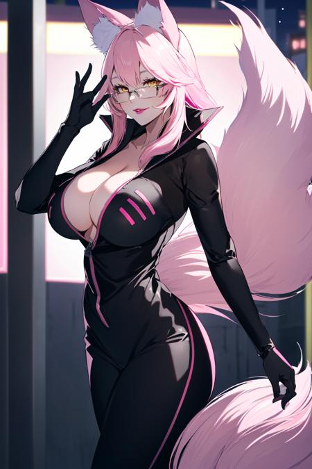 (AS-Adult:1.2), 1girl, solo, masterpiece, best quality, koyanskaya \(fate\):0.95, huge breasts, yellow eyes:1.5, seductive smile:1.2, (absurdly long hair:1.4),  glasses, pink hair:1, , (mature female:1.2), (red lips:1.2), seductive expression, (night time, night:1.5), lights off, (fox ears:1.2), animal ears, ((pink fox ears:1.4)),  seductive smile:1.2,  (slim waist:1.2), (pink fox tail:1), contrapposto,  hair between eyes,  (pink fox tail:1.5),  curvy, , <lora:Koyan-dama-2:0.6>, koyan-la1, black bodysuit, cleavage:1, partially unzipped, red lips:1, hip vents, high heels,