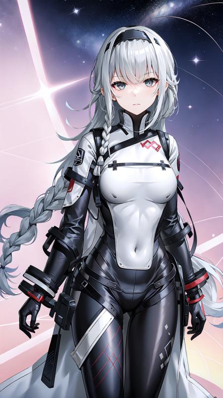 1girl, solo, long hair, grey eyes, breasts, hairband, black gloves, full body, black shoes, boots, white hair, braid, bangs, covered navel, gloves, bodysuit, medium breasts, cowboy shot, black hairband, <lora:ChenxingSnowbreakV1.0:0.7>, chenxing, night sky, dark, stars, starry sky, milky way, lights, light particles, fairy,