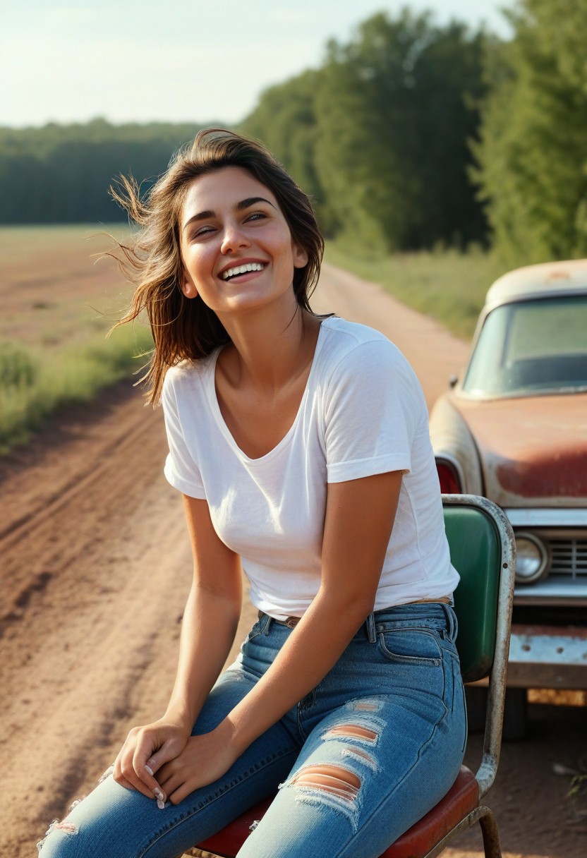 hyper realistic detailed, side view, dusty road and endless fields in the background, full body shot of a stunningly gorgeous East Indian woman, 28 years old, naturally the most beautiful woman in the world, fit body, sexy body, big tits, perfect body, fine and delicate elegant thin face, (dark hair, long and messy brunette hair pulled back with a few wisps falling over her eyes and falling down the sides), gently smiling, she is facing the camera in 45 degree angle, focus on her dazzling green eyes, perfect eyes, detailed eyes, captioning her happiness and emotion, warm sun rays highlighting the dusty atmosphere of this old dusty road, she is sitting on an old chair outside of a retro gas station in the middle of nowhere on a dusty dirt road, she is eating an apple, she is extremely sexy in a casual and natural way, she is wearing a white retro t-shirt with thin red borders around neck and sleeves of the t-shirt, very tattered old denim jeans with cuts rolled up, tipped back on the old chair the is up against the side of the retro gas station,