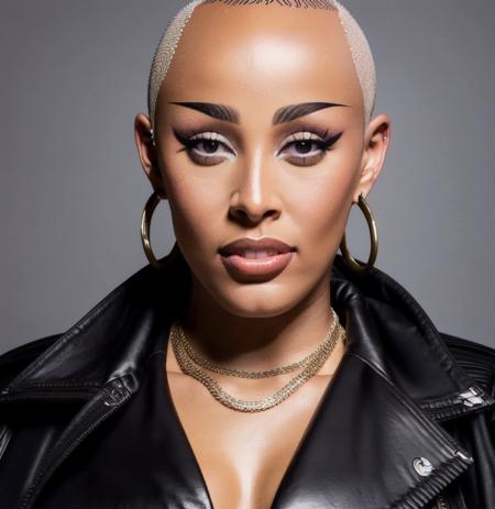 Doja Cat wearing a black jacket, (((bald hair))), close-up photo, RAW photo, ((in the studio)),  photorealistic, 4k, UHD, f/1.8<lora:Doja Cat:1.1>