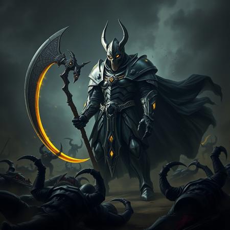 Large figure clad in segmented armor from head to toe. On a battle field surrounded by defeated foes. Wide angle, full body shot. Helmet with skull mask design with glowing yellow eyes, wielding a large two headed scythe and a flowing shadowy cape, his armor decorated with glowing yellow crystals. Light dim, futuristic, gothic.