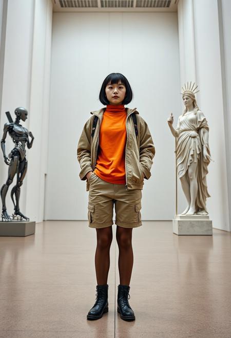 A 20-year-old Japanese female archaeologist with a black bob haircut, wearing an orange turtleneck T-shirt, a khaki long-sleeved jacket (zipped up), khaki shorts, khaki stockings, and black boots, stood in the center of the wide and tall white art museum hall.
On the left side of the picture is a high-tech mechanical statue in the shape of the goddess of victory Nike, and on the right side of the picture is another retro plaster statue also in the shape of the goddess of victory Nike.
FHD, Rich in details, masterpiece.