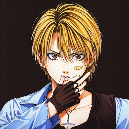 masterpiece, best quality, ultra high res, highres,
1boy, blonde hair, brown eyes, cross necklace, fingerless gloves, collarbone, black vest, blue jacket, open jacket, bandaid on face, hand in own hair, finger to mouth, covering_mouth, looking at looking at viewer, upper body, solo, simple background,
<lora:yuki:0.62>