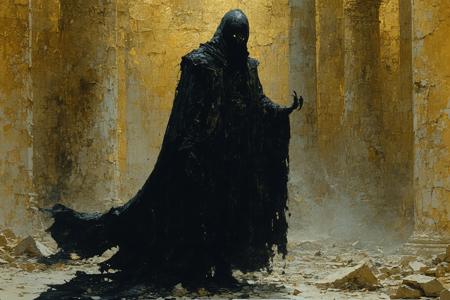 A gaunt, masked figure cloaked in tattered opera velvet emerges from gilded shadows of a decaying Baroque theater, elongated claws refracting sickly amber footlights. Low-angle framing magnifies his towering presence over a cowering silhouette reflected infinitely in shattered mirror shards beneath the stage. Gustave Doré’s chiaroscuro meets Beksinski’s surreal decay: cracked marble columns drip blood-crimson resin into pooling fog that whispers with ghostly libretto fragments. Luminescent moth-swarm halos clash with indigo voids, his porcelain mask half-melted to reveal smoldering marionette strings beneath. Velvet drapes billow as if breathing, their folds swallowing the victim’s fading scream.