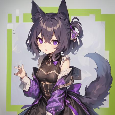 <lora:NeokisV2:1>
1girl, solo,
wolf ears,((purple)(short)(Twintails) hair)(black eyes)
wearing
(warlock outfit)