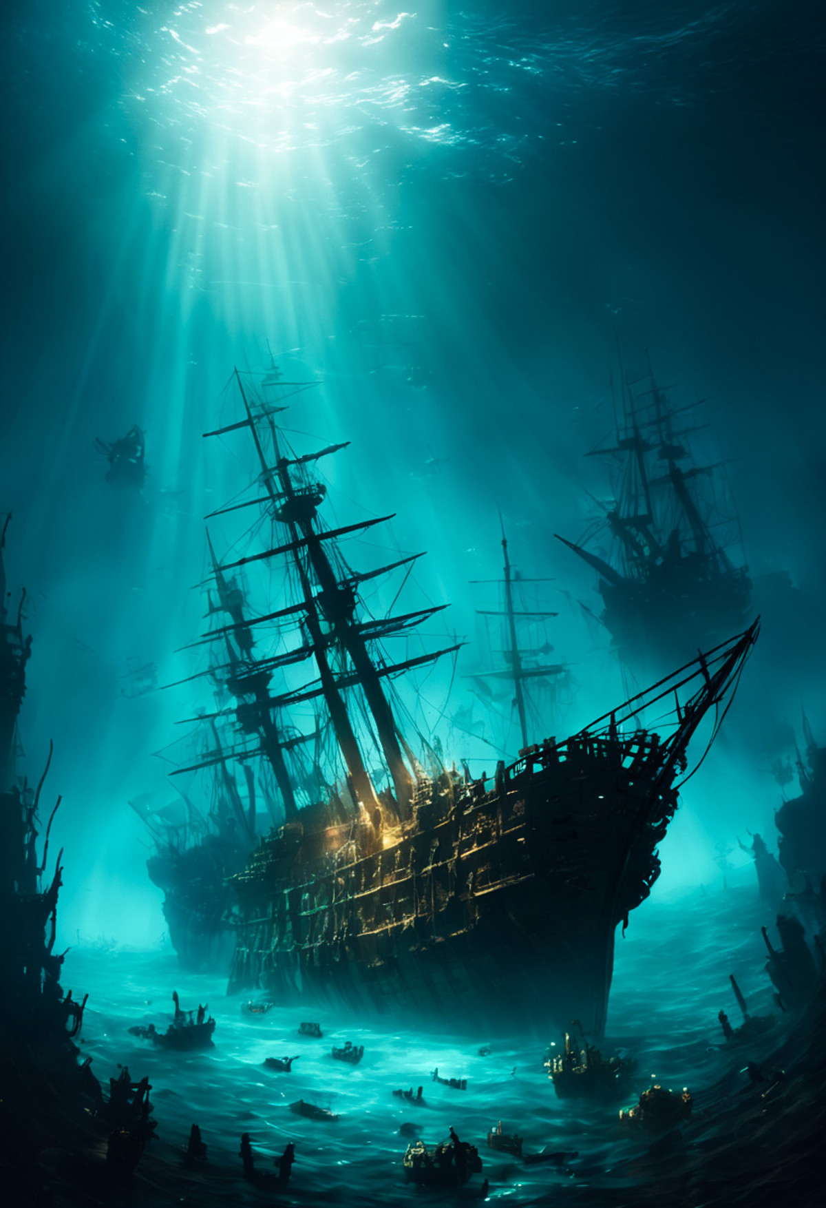 concept art A haunting image of an undersea graveyard of ships from different eras, their final resting place illuminated ...