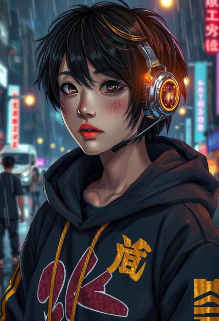 A 4K photorealistic picture of a Half-Japanese  male hacker. More Caucasian with freckled nose and cheeks. Black hair with golden frosted tips. Aged 28. Cyberpunk clothing. Hi tech chrome and carbon fibre one eared headset. Bold graphic styled Hoodie with Japanese lettering down a sleeve and a bold golden stripe down each sleeve   The girls eye pupils have swirling Galaxy of stars and specks floating in a nebula pattern   Posed in front of a Rainy city at nite