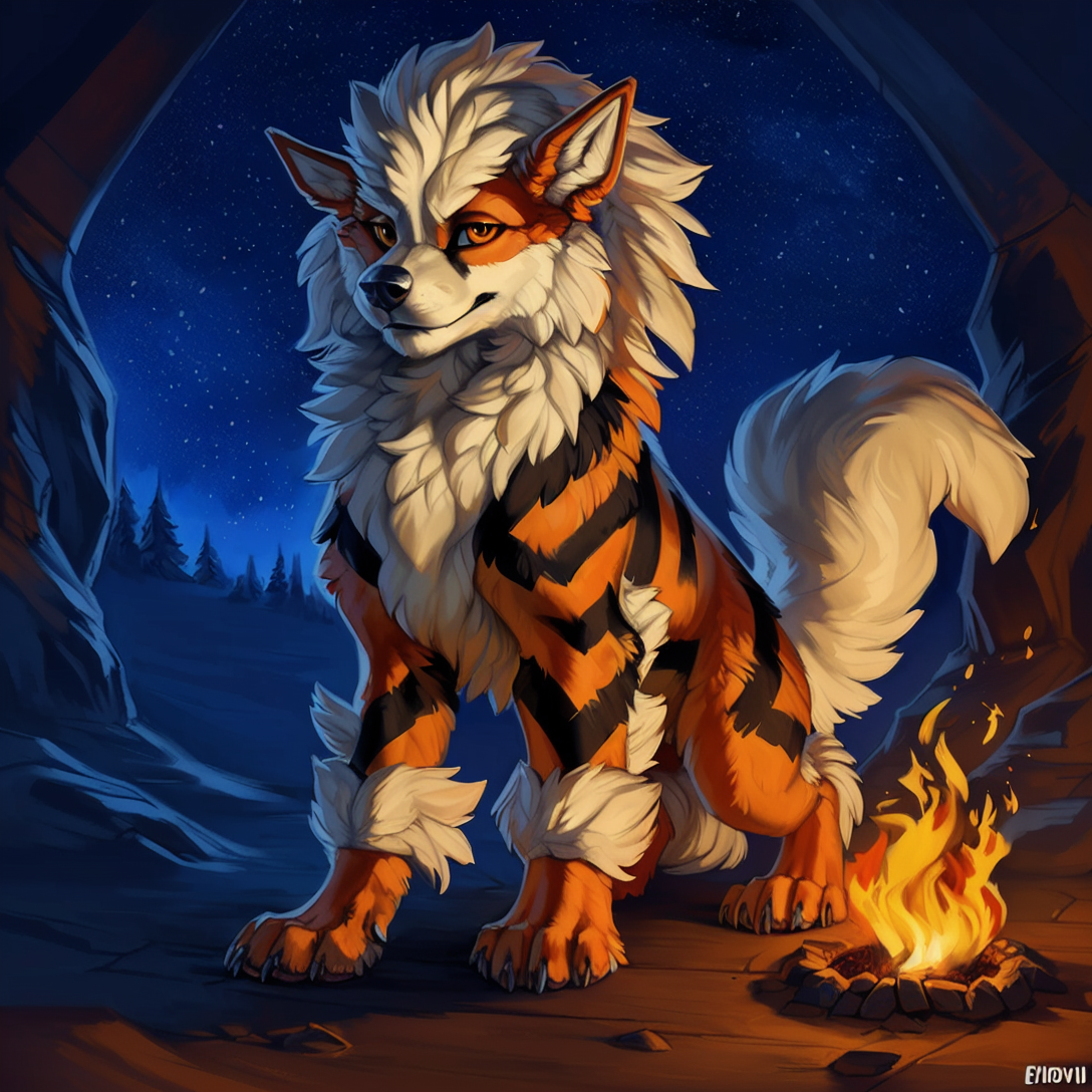 solo, arcanine, (feral), paws, looking at viewer, anatomically correct, ((symmetrical)), night, fire, detailed background,...