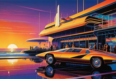 Surrealist sci-fi illustration, medium shot. Intergalactic space, farie interdimensional space machine on the middle eart seaside promenade. Mainly high contrast film grain. Strong neon lights reflecting off machine's sleek surface, warm golden sunset. Syd Mead, Scott Robertson, Jean Giraud, vibrant colors, 80s retro futurism, nostalgic vibe, motion blur, sharp textures, fantastical machines, sleek lines