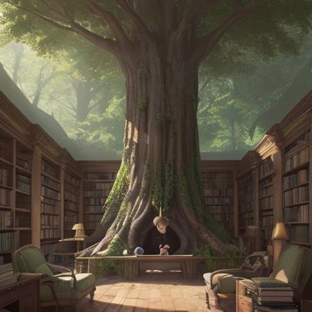 Interior view of a colossal, hollowed-out Giant Sequoia tree transformed into a magical library. Bookshelves carved into the tree walls are filled with books that shimmer with captured starlight instead of paper pages. Soft, dappled light filtering through the treetop canopy. Warm, inviting atmosphere, ancient and wise feeling, fantastical realism, detailed textures of wood and starlight, medium shot, fantasy illustration style.