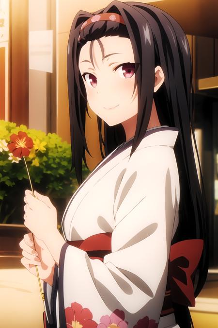 masterpiece, key visual, 1girl, black hair, hairband, long hair, looking at viewer, pink eyes, smile, solo, mayama_asaka, wear kimono, flower hairpin