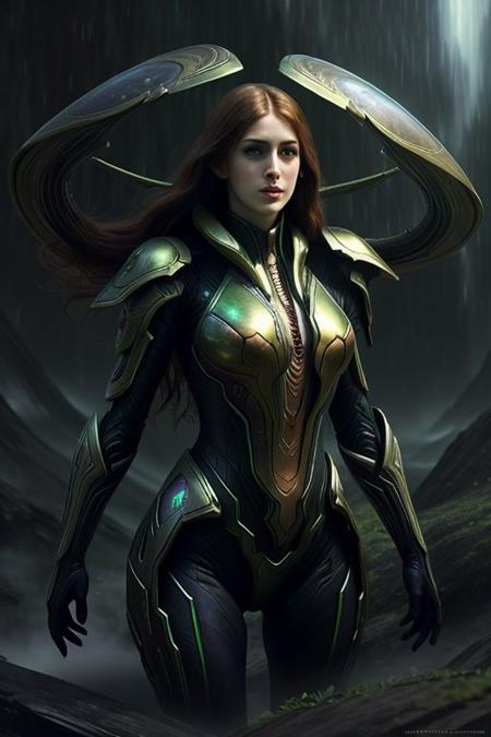 Pre-Raphaelite view from below portrait of a tall goddess with a beautiful face, (oblong face, massive jaw, long neck, slender body), pale skin, mysterious smile, xenomorph outfit, highly detailed, Witchblade, Guyver, Kamen rider, mantis, cicada, crab, luminescence, glitter, ((dynamic pose)), action, detailed background, intense expression, surging power, floating particles, reflections, darkness, epic atmosphere,