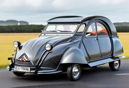 cf_style, (prototype, supercar, Citroen 2cv, old car, spoilers, boosters,carbon fiber hull:5)(hull reflectivity:-2), (gold accents:2), (neon green outlines:1.2), best artist, best shadows, best lighting, best textures, best contrast, masterpiece, photo realistic, a racing car driving on a professional circuit, (reflectivity:-2),(reflectiviness:-2),
outdoor, god rays, wind, particles, dust, cloud of dust, exhaust gas explosion, official F1 racing circuit, grass, sun, 
Isolated island, boats, sharks, fantasy, giant helmet,
<lora:Styles\SDXL\Carbon_Fiber_Style_World_Morph_SDXL_-_Snoodler_-_V2.0>
