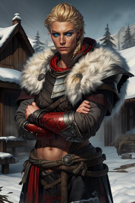 Eivor, scar on face,blonde hair,blue eyes, short hair,  standing, crossed arms,  upper body, 
EivGear,armor ,armor, abs, fur trim,jewelry,boots, pants, hood down, 
Nordic room,  wooden house, cold weather,  
(insanely detailed, beautiful detailed face, masterpiece, beautiful detailed eyes, best quality)   <lora:Eivor-10:0.8>