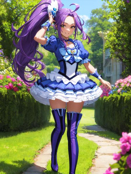 cure beat purple hair, side ponytail, ahoge, thigh boots, puffy short sleeves, wrist cuffs, ribbon, jewelry, heart hair ornament, yellow eyes