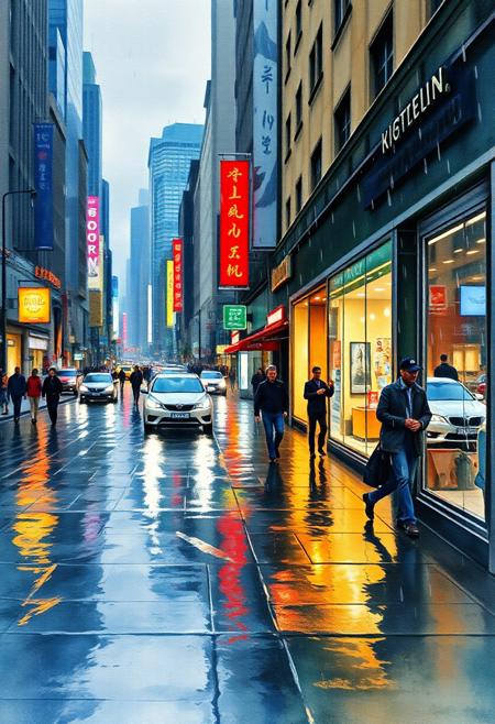 Imagine a captivating hyperrealistic watercolor painting of a bustling urban street during a rainy evening. The composition should blend the hyperdetailing of Roberto Bernardi’s reflections, the emotional intensity of David Kassan’s portraits, and the technical precision of Diego Fazio’s shading. Utilize techniques such as watercolor wash, ink splatter, and wax style to create a dynamic interplay of light and shadow. The wet streets should reflect the city lights in a stunning visual display, with the raindrops adding texture and depth. The overall aesthetic should be a perfect blend of photorealism and the fluidity of watercolor.