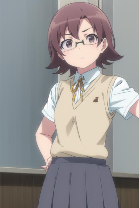 senaakagi, <lora:sena akagi s2-lora-nochekaiser:1>,
sena akagi, short hair, brown hair, glasses, (brown eyes:1.5),
BREAK skirt, ribbon, school uniform, sweater vest, grey skirt, shirt, white shirt, collared shirt,
BREAK indoors, classroom,
BREAK looking at viewer, (cowboy shot:1.5),
BREAK <lyco:GoodHands-beta2:1>, (masterpiece:1.2), best quality, high resolution, unity 8k wallpaper, (illustration:0.8), (beautiful detailed eyes:1.6), extremely detailed face, perfect lighting, extremely detailed CG, (perfect hands, perfect anatomy),