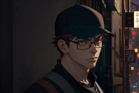 (1male:1.6),solo,male focus,25 year old,<lora:TakehisaHinawa:0.7>,(pale skin:1.3),glasses,[short hair],brown hair,brown eyes,handsome,hair in front of face,dramatic,Takehisa_Hinawa,looking at viewer,(best quality:1.4),[:intricate details:0.2],masterpiece,detailed background,semirealistic,(mood lighting:1.1),facing forward,black tshirt,brown suspenders,black baseball cap,