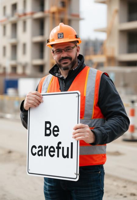 A man wearing a hard hat on a construction site holds a sign that reads: Be careful