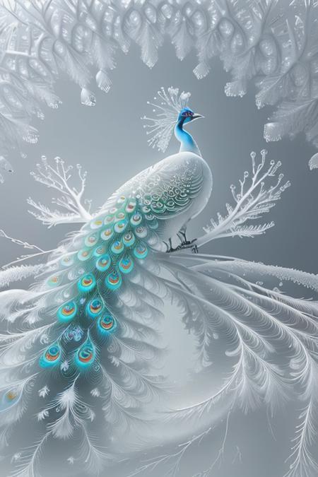 from below,beautiful rime snow scene,amazing nature,foggy,snow white,standing a tall transparent peacock tail shape covered in rime,crystal clear,sparkling,detail,real,crystal clear,the earth is white, <lora:FairyTaleV1a_SD1.5:0.7>