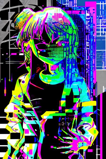 anime girl :1.3 , Digital glitches unravel and reassemble, revealing and obscuring elements in a rhythmic dance that mirrors breakcore's ever-evolving soundscapes:1.5, digital glitches:1.2, unravel and reassemble:1.2, revealing and obscuring elements:1.1, rhythmic dance:1.1, mirrors breakcore's ever-evolving soundscapes:1.2. , breakcore