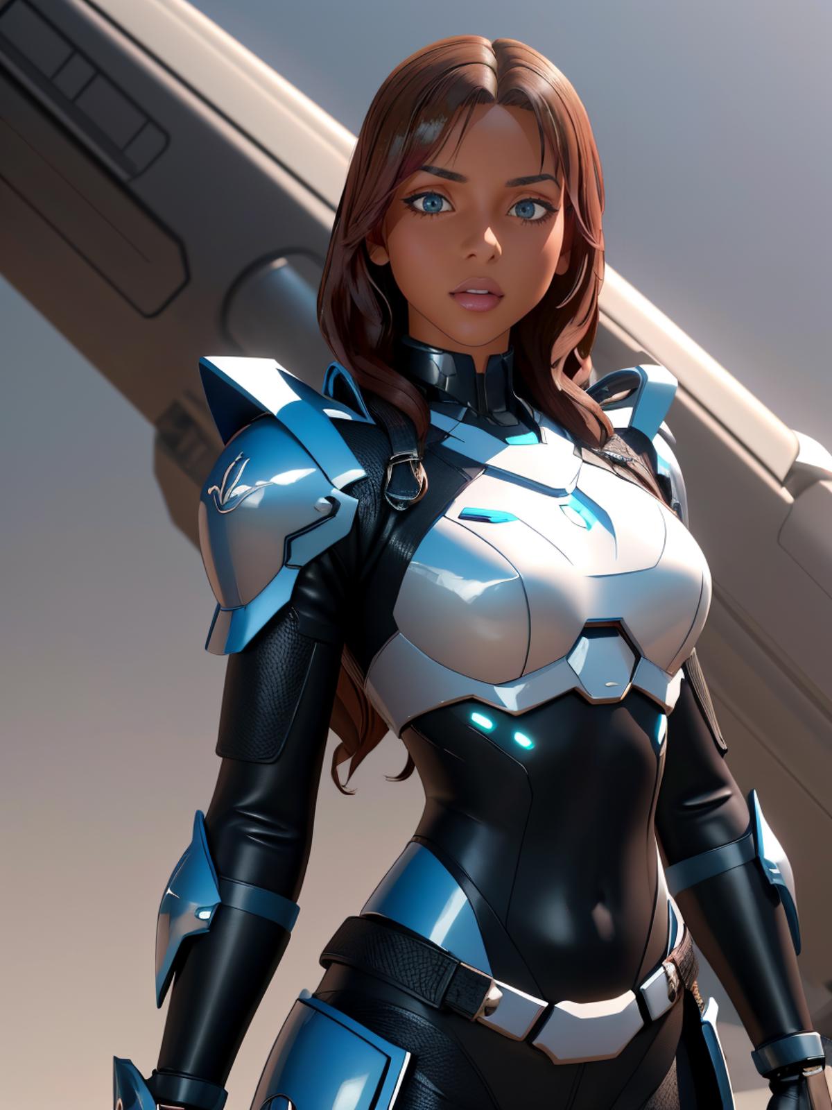 3D animated female character wearing black and white armor with blue eyes.