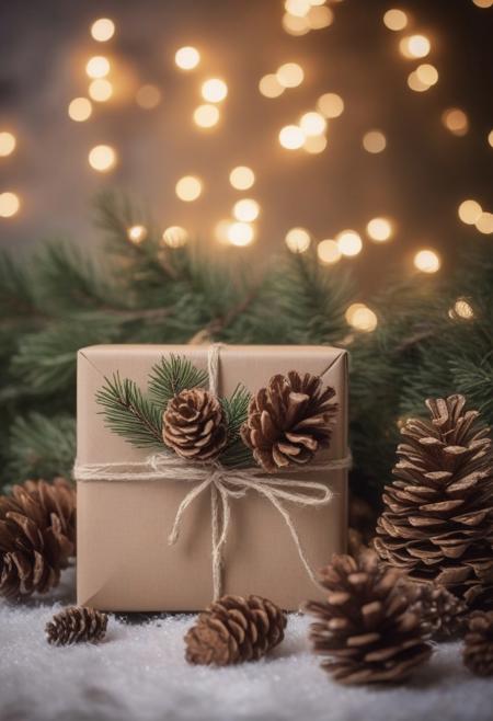 christmas and new year background - gift boxes and pine cones and branches on the background of bokeh garlands, 
Mysterious
