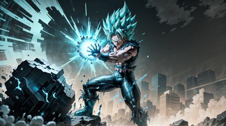 Super Saiyan Broly unleashes a colossal energy wave that shatters the ground and creates a massive shockwave. He stands on a rocky terrain with a stormy sky in the background. The energy wave is a mix of green and blue hues with a swirling pattern. (dark:1.2), (epic:1.3), (chaotic composition:1.2), (metallic:1.1), (gritty texture:1.1), (comic book:1.2), (((3D))), (((realistic))), <lora:Dragon Ball_v2:0.6>,