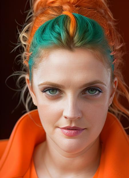 portrait of skswoman, amused , wearing top , with orange Half-up, half-down hairstyle epic (photo, studio lighting, hard light, sony a7, 50 mm, matte skin, pores, colors, hyperdetailed, hyperrealistic), <lyco:Drew Barrymore:1.2>