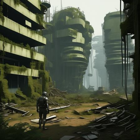 Generate an image of a post-apocalyptic landscape, featuring a mix of natural and man-made elements. Include crumbling buildings, overgrown vegetation, and a sense of danger and abandonment. Incorporate elements such as advanced robotics, cybernetic enhancements, and advanced transportation systems.