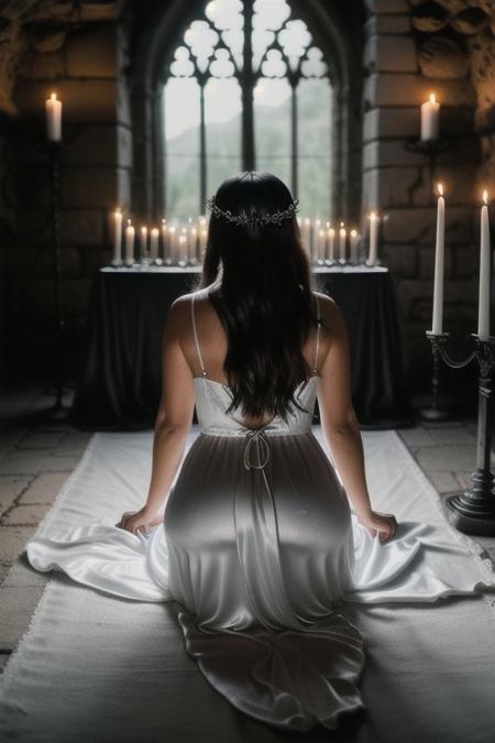 RAW photo, 8k uhd, dslr, high quality, ultra-realistic, realistic, realism, film grain, Fujifilm XT3.
View from behind, dark gothic-room lit by candles•ancient stone alter.
1woman•wearing a (satin white dress)•voluptuous body•kneeling•worshiping