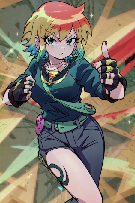 scottpilgrim style, 1girl, black hair, blonde hair, earrings, fingerless gloves, gloves, green hair, jewelry, looking at viewer, solo, necklace, red hair, ring, short hair, tattoo, official art, <lora:ScottPilgrim:1>