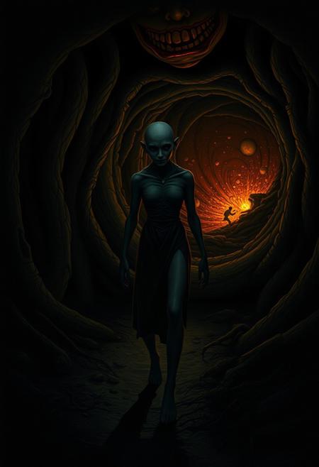 An eerie, surreal scene captured as if it were trail cam footage, depicting a strange, hairless figure stepping cautiously in front of a grotesque, inflamed conduit that seems to pulse with hunger and life. The composition blends the rich, detailed chiaroscuro of Dutch Golden Age painting with the exaggerated, stylized expressions of manga, creating an unsettling contrast between realism and the fantastical. The figure is bathed in moody shadows, with intricate, almost gothic detailing reminiscent of Harry Clarke’s haunting illustrations, while the conduit glows with a menacing, otherworldly light. The scene captures a dark, foreboding moment, filled with tension and mystery.