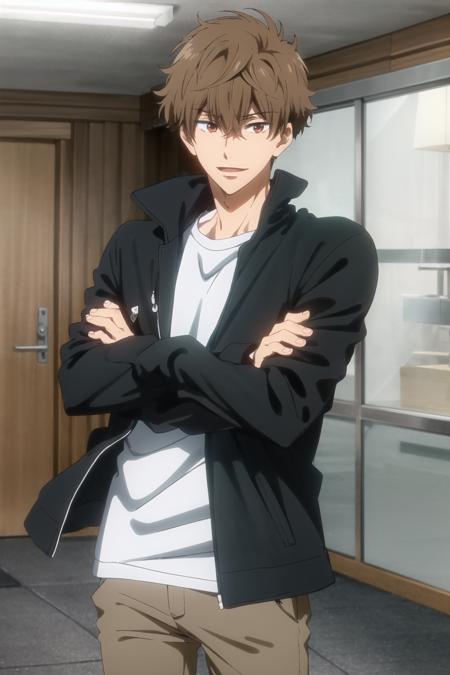 kirishima natsuya\(free!\), solo, 1boy, ;D, hair between eyes, looking at viewer, crossed arms, brown eyes,  brown hair, male focus, male face, black jacket, white shirt, pants