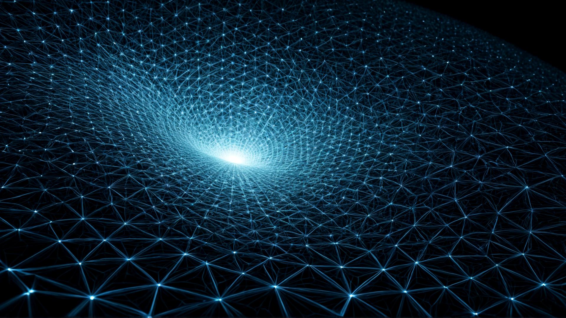 An intricate web of glowing fractal lines, expanding infinitely in all directions. The lines are a soft blue and white, creating an otherworldly pattern that seems to pulse with energy. The background is a deep black void., Photorealistic, Hyperrealistic, Hyperdetailed, analog style, soft lighting, subsurface scattering, realistic, heavy shadow, masterpiece, best quality, ultra realistic, 8k, golden ratio, Intricate, High Detail, film photography, soft focus