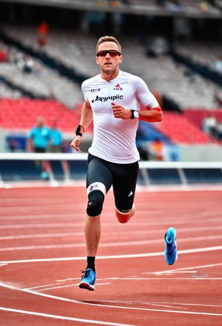 ▲ Close to: 
Photography of athlete standing full body, prosthesis, running garment, stadium audience in background, 
