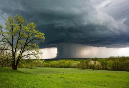 professional photo, photo of spring landscape, dramatic lighting, gloomy, cloudy weather, tornado