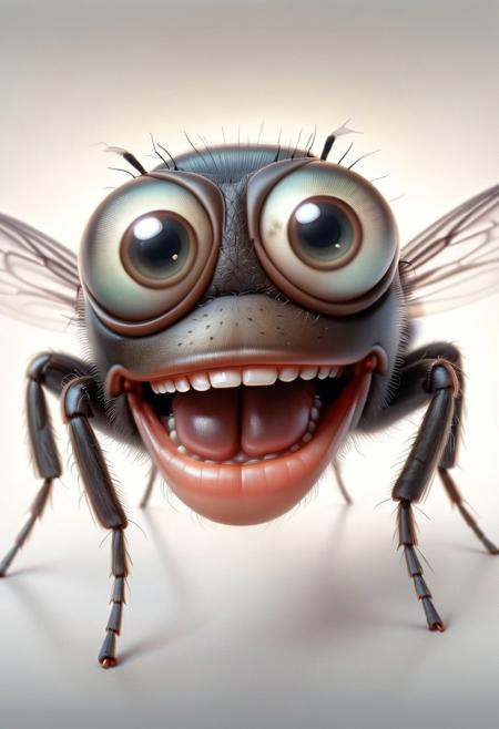 High Quality funny cartoonish,,portrait Beautiful picture of A painting of a fly (close-up) (Smile)  Big eyes, surprised, Mouth open,  haze lighting, 16k, uhd, masterpiece,zhibi, Fisheye camera, top focus