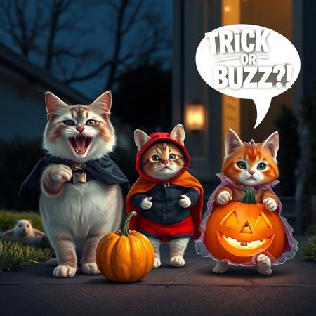 Ultra realistic. white grey brown happy cat with a vampire costume, a small hamster with hero costume,  a orange cat on a princess costume carring a carved pumpkin with candies,  walking on a suburban street, trick or treating houses, midnight light, on a porch house, yelling "Trick or Buzz" text in white letters inside a text balloon