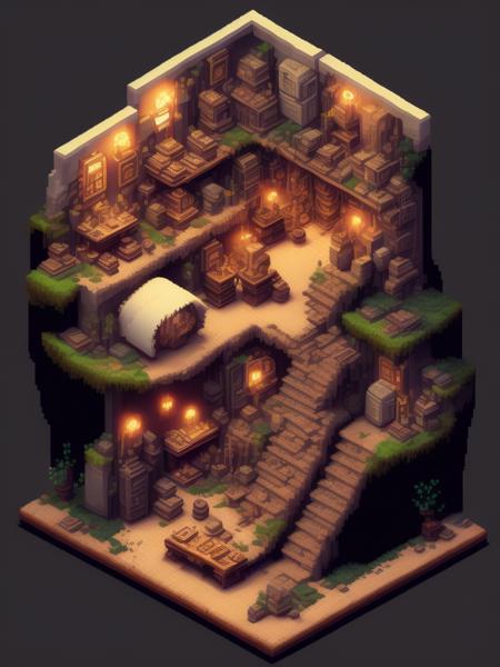 <lora:IsometricCutaway:1>Isometric cross-section of an underground Flophouse, hostel, Ironforge, Dwarven Architecture, dirty, three stories tall, medieval, underground, hollow-out mountain, Pixel Art, 32 Bit, Simple Pixel Art, 32-bit pixels,