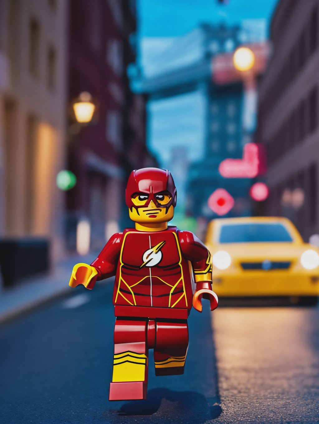 LEGO MiniFig, the flash running on street in brooklyn at night <lora:lego_v2.0:0.8>, masterpiece, high detail, 8k, high de...