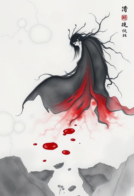 blood on the snow., Japanese symbolism, muted colors, delicate brushwork, mystical themes, serene compositions, traditional motifs, flowing lines, natural elements, introspective mood, soft gradients, ethereal atmosphere, poetic expression, mythological undertones, refined elegance, dreamlike quality
