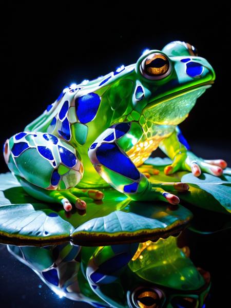 An ais-bkglass frog, sat calmly on a lilypad <lora:Broken_Glass_Style_SDXL:1>