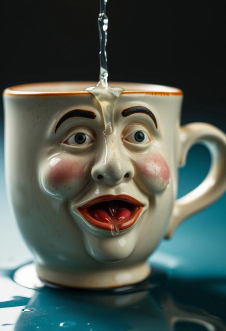 closeup photo of a ceramic coffee cup with an interesting face on it.   Water flowed from the corners of his mouth, forming a stream，unique perspective.   [shocked expression]