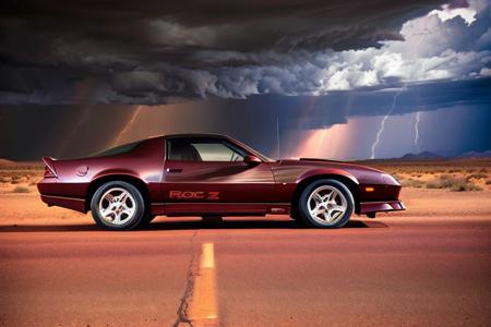 camaroirocz dark red car standing in the middle of a desert highway, sun shining through the storm clouds in the background, high resolution, high quality, intricate detail, very sharp, professional automotive photography <lora:hjcamaroirocz_v20:0.9>