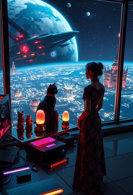 A sleek black cat with a red collar sits atop a cluttered, riveted metal desk with a transparent top, revealing glowing micro-LED-lit computer components beneath. A maneki-neko statue and a softly pulsing lava lamp rest beside it. The cat gazes out through a seamless, floor-to-ceiling futuristic window at a breathtaking planet seen from low orbit, its surface illuminated by the sprawling lights of colossal cities and towering megastructures.
Beside the desk, a beautiful 24-year-old woman stands, her gaze distant and longing as she looks into the vastness of space. She wears an ornate, elegant Chinese-style dress, its intricate patterns shimmering subtly in the ambient glow. Her hair is elegantly tied up with a ribbon, adding to her graceful presence. In the distance, an enormous deco-cyberpunk starship, adorned with futuristic neon lighting, drifts through the stars. Nearby, a massive space station looms, its Art Deco Cyberpunk architecture exuding grandeur and mystery.
A dynamic perspective enhances the scale, making the viewer feel immersed in this epic cyberpunk vision, evoking a profound sense of wonder and awe.