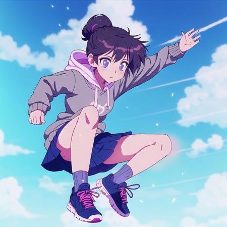 <lora:avas_retro_06-04:1>, 

#wifuSD

hoodie,legs, muted colors-light, beautiful perfect symmetrical face, summer clouds darken background, beautiful cute anime teenager girl high jump,in motion, full body, chromatic aberration, side view-body, action shot